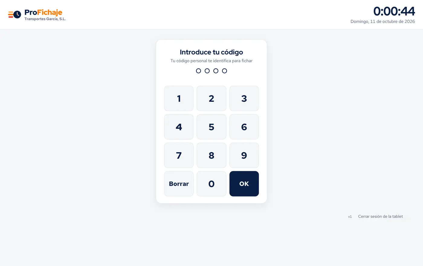 Tablet de fichaje con el teclado para el código
